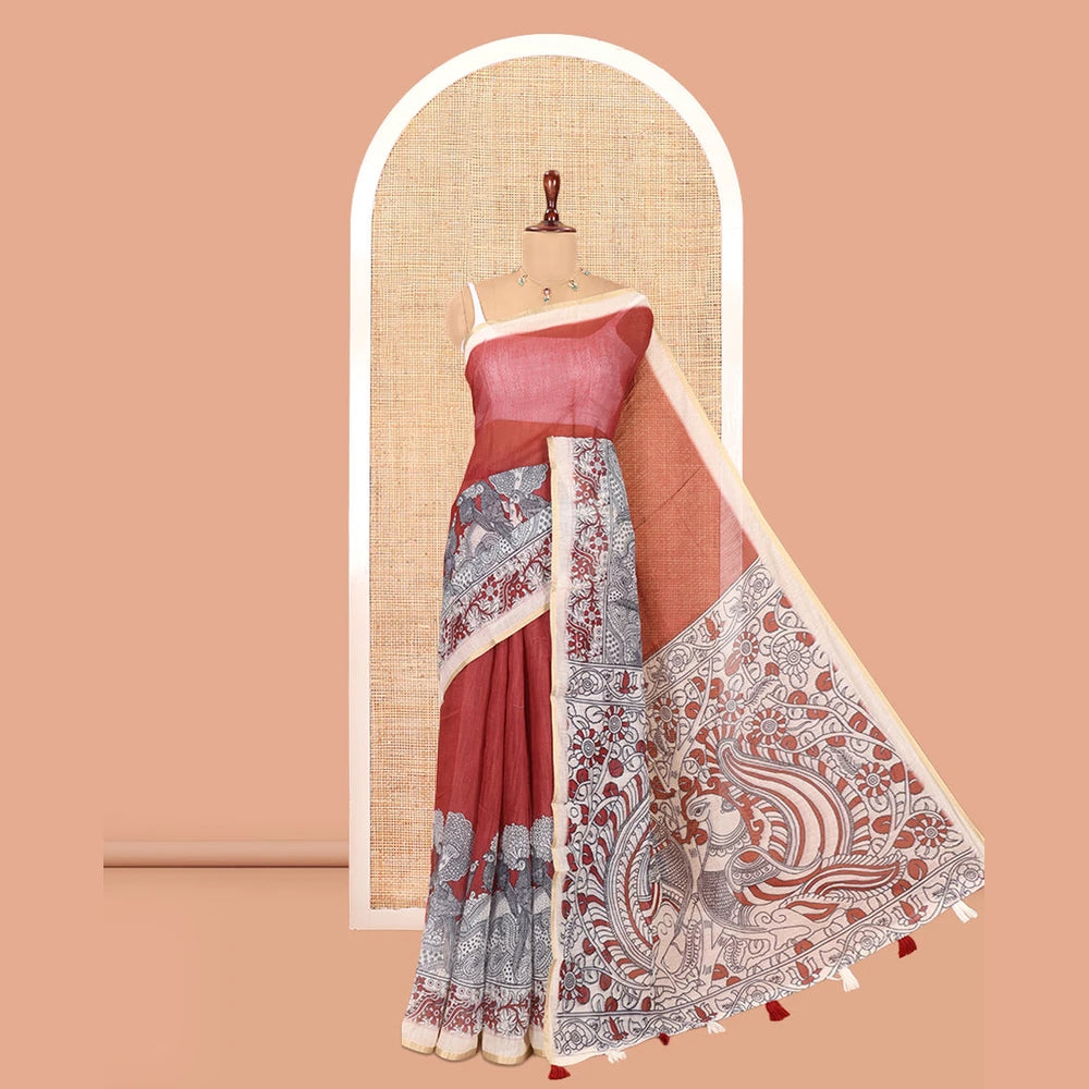 Pothys Maroon Linen Cotton Saree, Decked Up with Kalamkari Floral-Bird Print, Contrast Border, Kalamkari Peacock Pallu, a Contrast Blouse